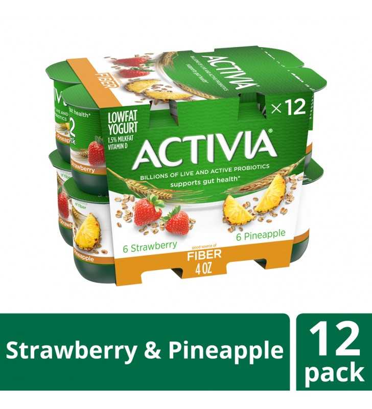 Activia Fiber Strawberry and Pineapple Probiotic Yogurt, Probiotic Lowfat  Yogurt Cups, Variety Pack, 4 oz, 12 Count 