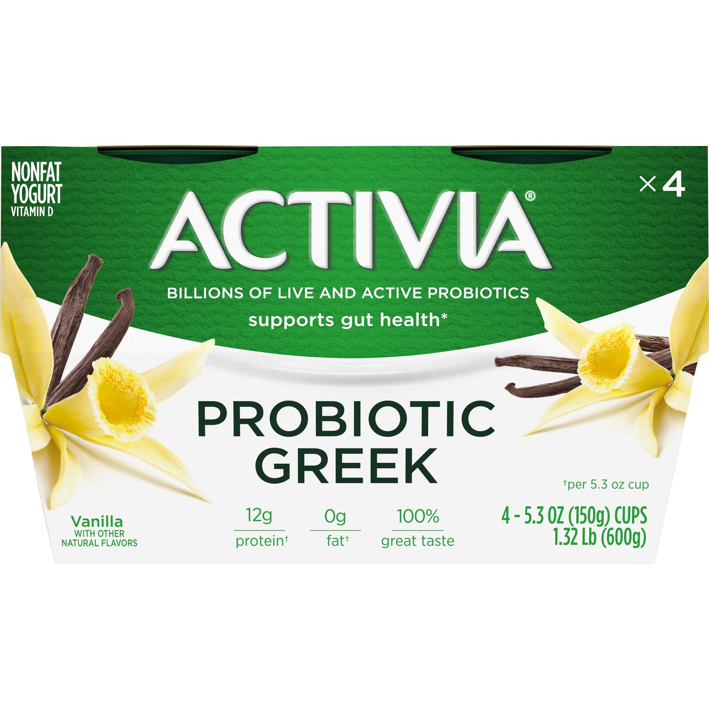 Activia Nonfat Probiotic Vanilla Greek Yogurt, 5.3 Oz. Cups, 4 Count