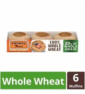 Thomas' 100% Whole Wheat English Muffin, Made with Whole Grains, 6 count, 12 oz