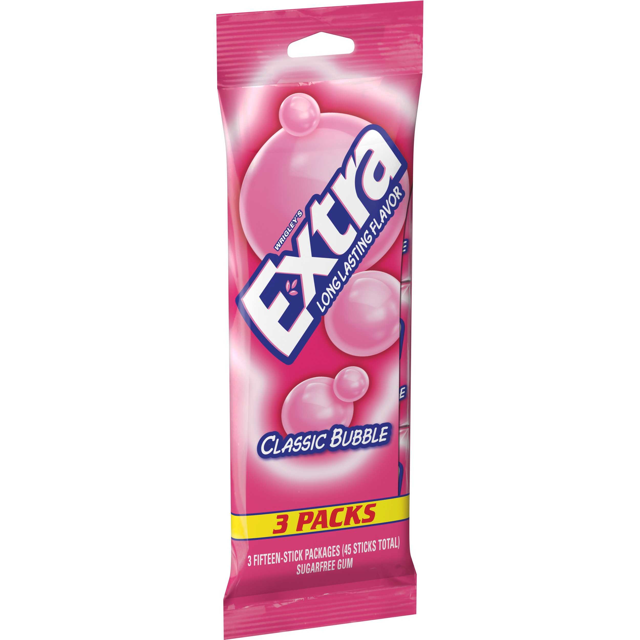Extra, Sugar Free Classic Bubble Chewing Gum, 15 Stick Packs, 3 Count