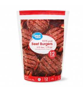 Great Value Beef Burgers, 80% Lean/20% Fat, 12 ct, 3 lb (Frozen)