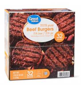 Great Value 100% Pure Beef Patties, 8 lb, 32 ct (Frozen)