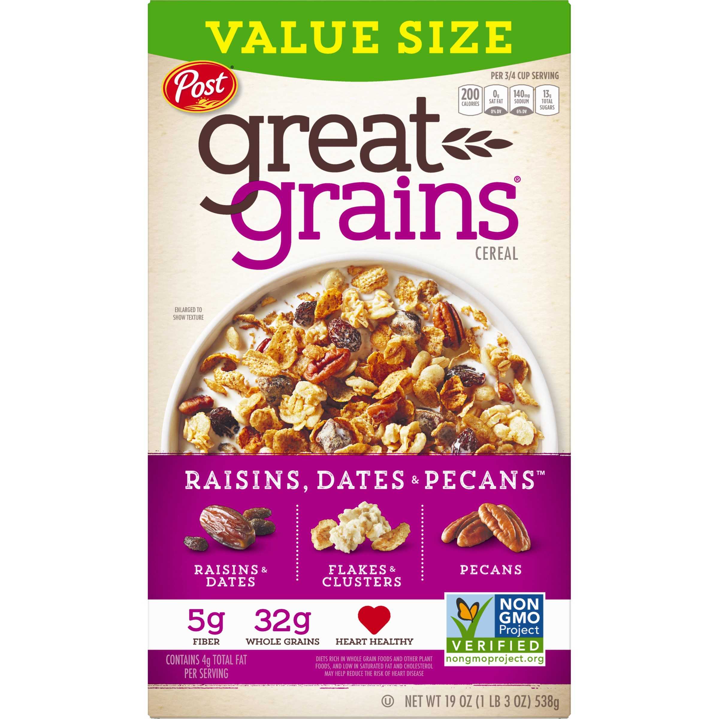 Post, Great Grains Breakfast Cereal, Date & Raisin, 19 Oz