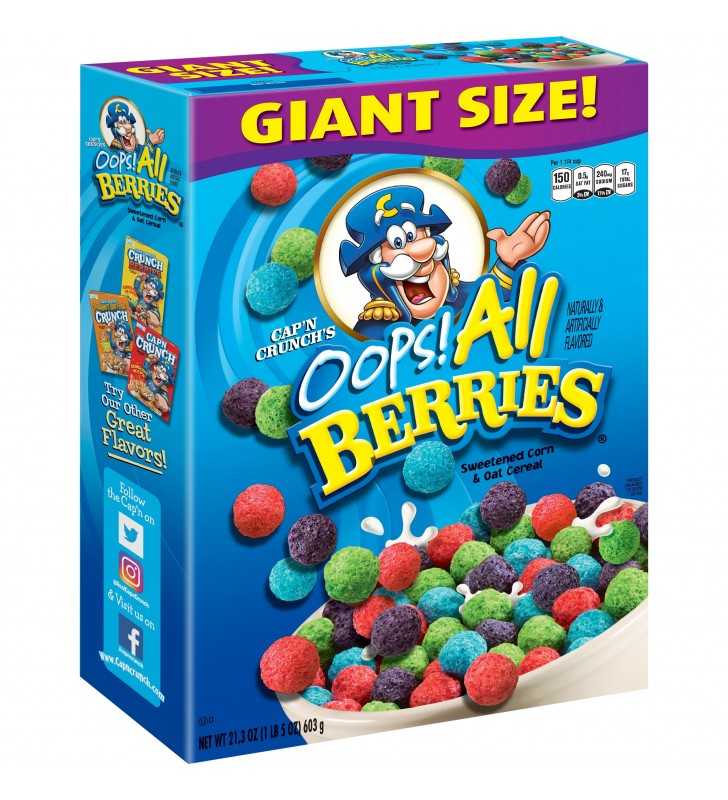Cap'n Crunch Breakfast Cereal, Oops! All Berries, 21.3 oz Box