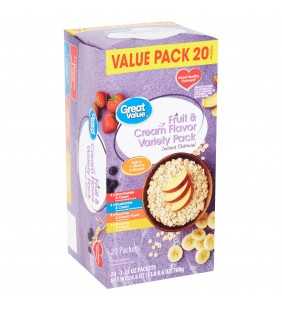 Great Value Instant Oatmeal, Fruit & Cream Variety Value Pack, 20 Packets