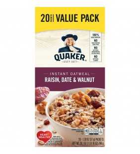 Quaker Instant Oatmeal, Raisin, Date & Walnut Value Pack, 20 Packets