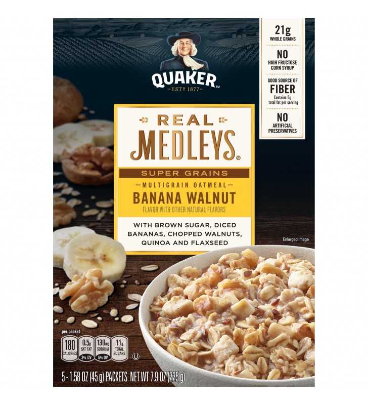 Quaker Real Medleys, Multigrain Instant Oatmeal, Banana Walnut, 5 Packets