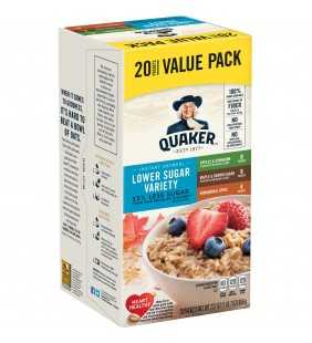 Quaker Instant Oatmeal, Lower Sugar Variety Pack, Value Pack, 20 Packets (8 Apples & Cinnamon, 8 Maple & Brown Sugar, 4 Cinnamon