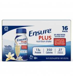 Ensure Plus Nutrition Shake with 13 grams of high-quality protein, Meal Replacement Shakes, Vanilla, 8 fl oz, 16 count