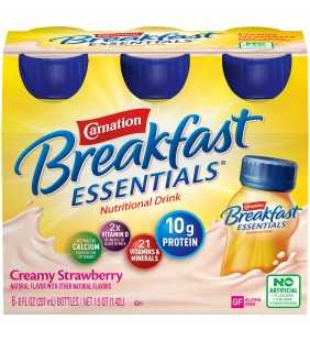 Carnation Breakfast Essentials Ready to Drink Nutritional Breakfast Drink, Creamy Strawberry, 6 - 8 FL OZ Bottles