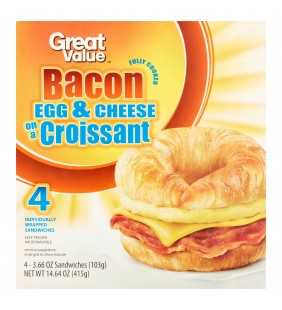 Great Value Fully Cooked Bacon Egg & Cheese on a Croissant Sandwiches, 3.66 oz, 4 Count