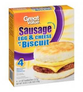 Great Value Sausage, Egg & Cheese on a Biscuit, 4.5 oz, 4 count