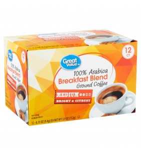 Great Value 100% Arabica Breakfast Blend Coffee Pods, Medium Roast, 12 Count