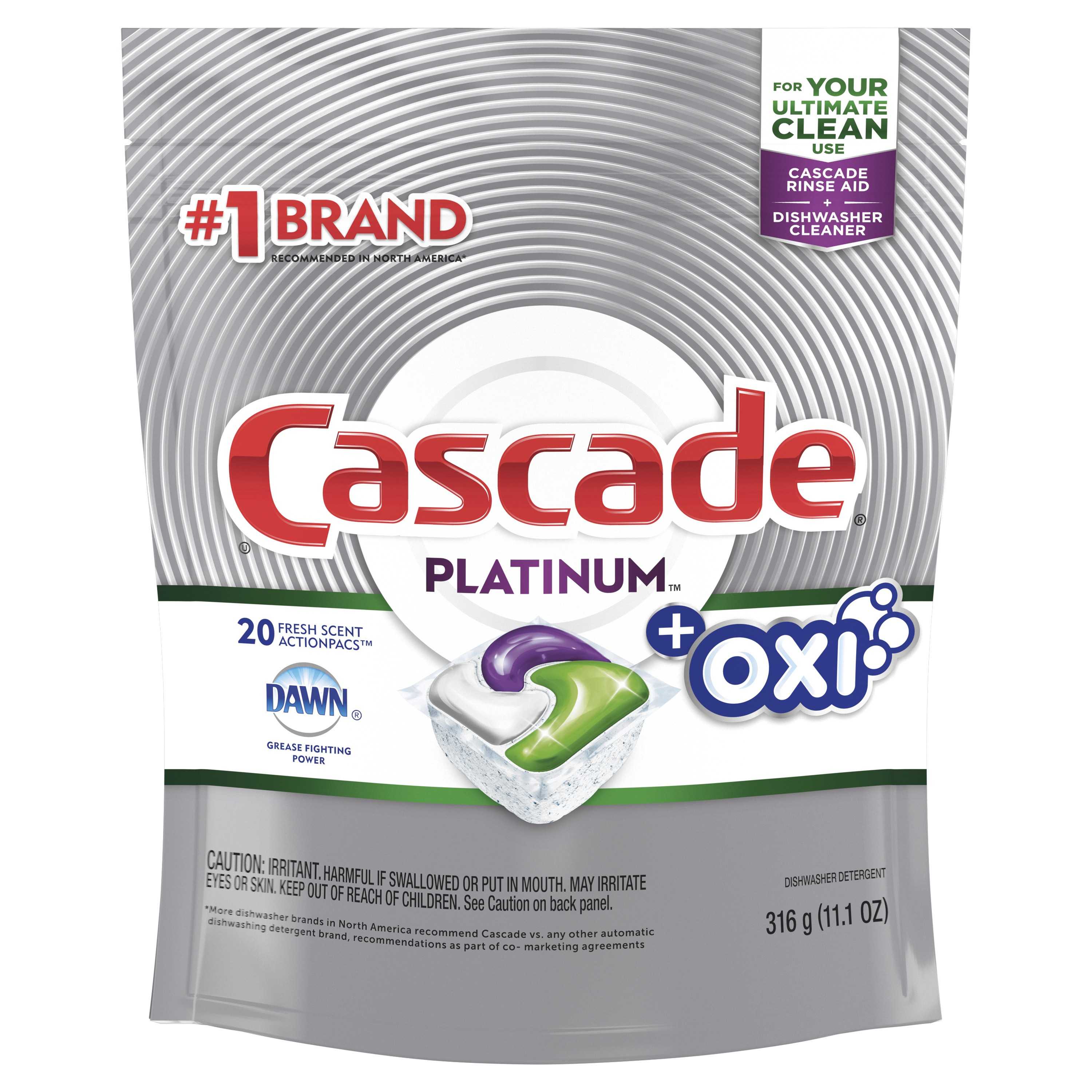 Cascade Platinum ACtionPacs + Oxi, Dishwasher Detergent, Fresh, 23 Ct