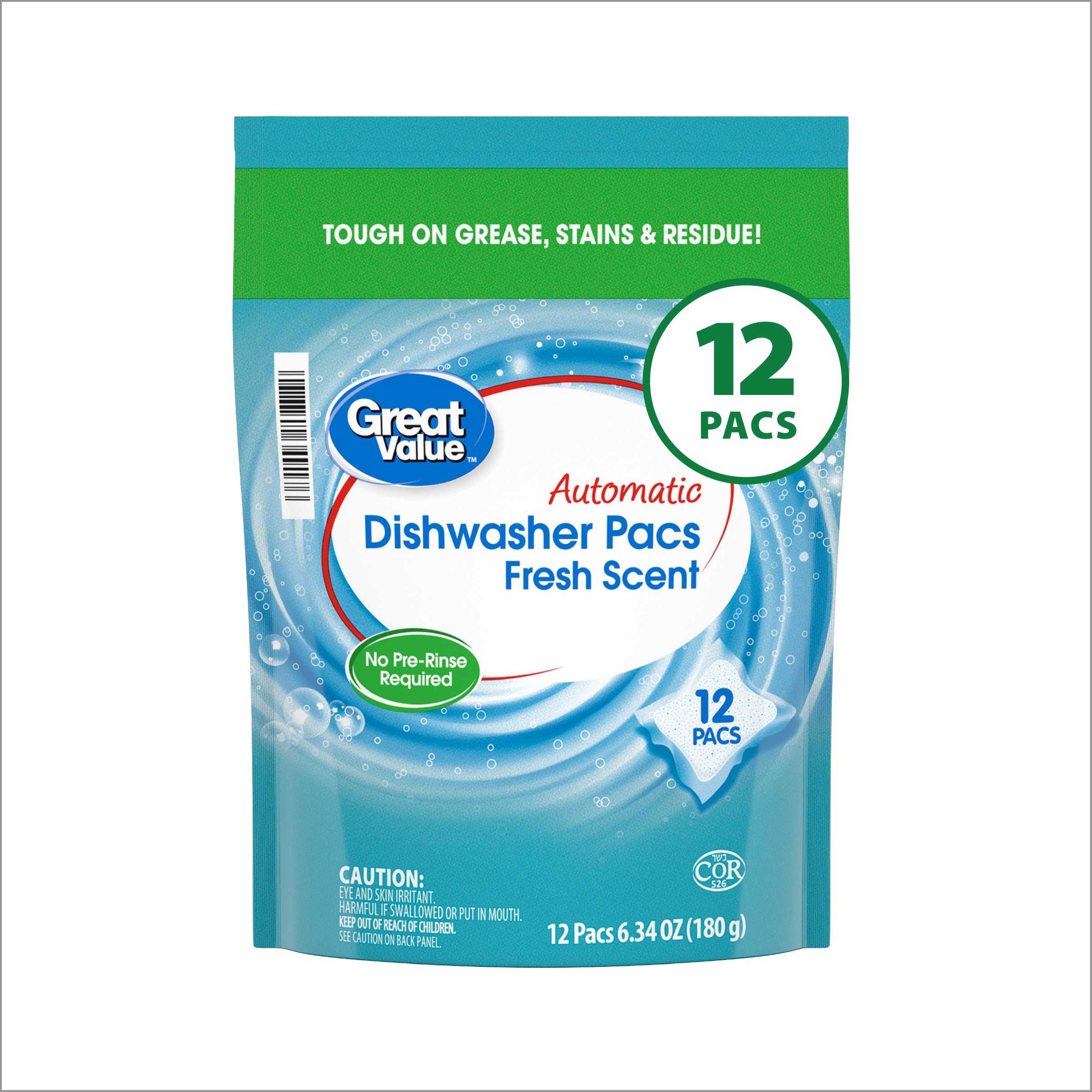 Great Value Automatic Dishwasher Pacs, Fresh Scent, 12 Count