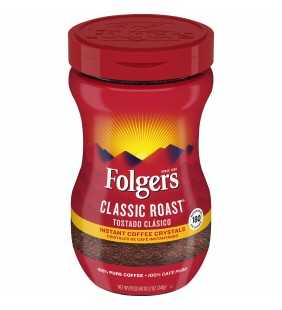 Folgers Instant Coffee Crystals Classic Roast, 12-Ounce Jar
