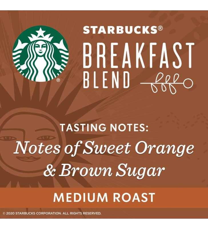 Starbucks Coffee, Ground, Medium Roast, Breakfast Blend, K-Cup Pods - 22 pack, 0.44 oz pods