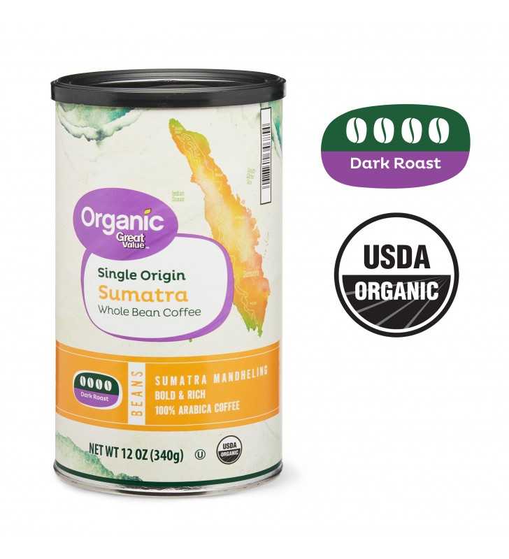 Great Value Organic Single Origin Sumatra Whole Bean Coffee, 12 oz