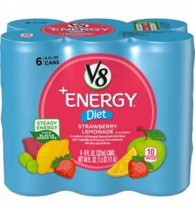 (6 Cans) V8 +Energy, Healthy Energy Drink, Natural Energy from Tea, Diet Strawberry Lemonade, 8 fl oz