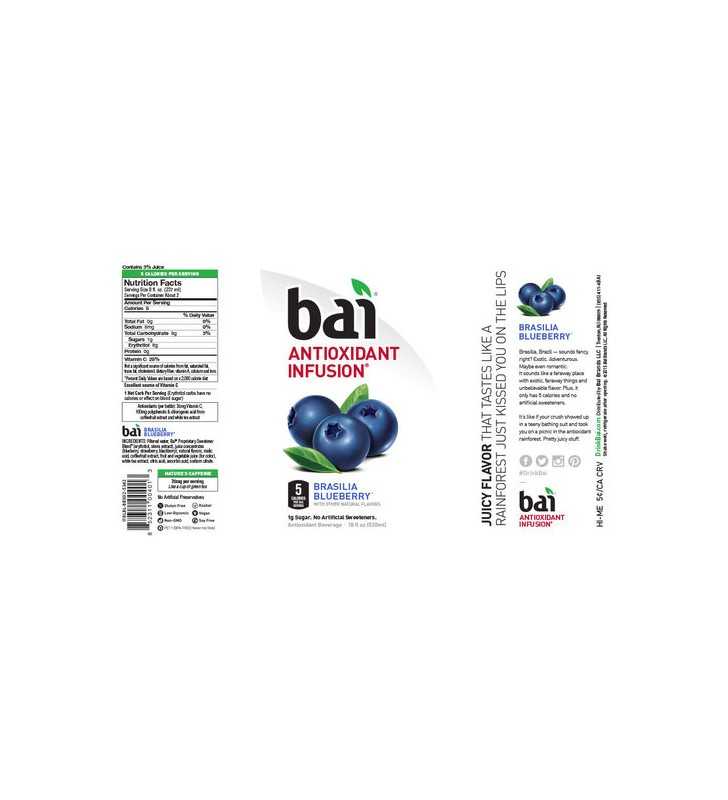 Bai Flavored Water, Brasilia Blueberry, Antioxidant Infused Drinks, 18 Fluid Ounce Bottles, 6 count